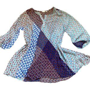 Casual Studio Sheer Relaxed Tunic Top Mixed Geometric Print Sz L #30i
